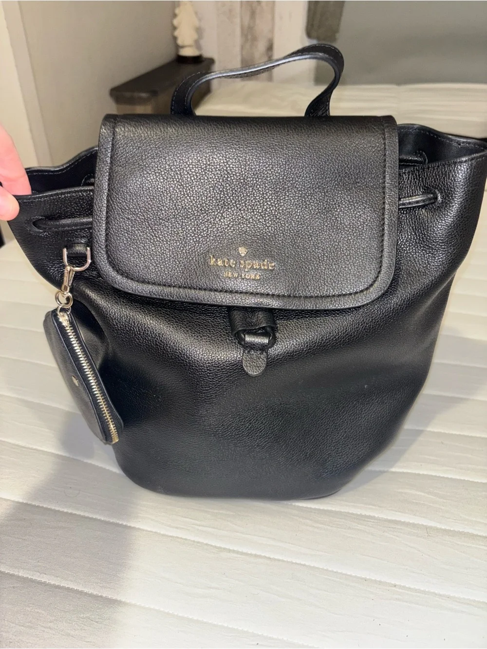 kate spade Black Leather Drawstring Backpack with Coin Pouch
